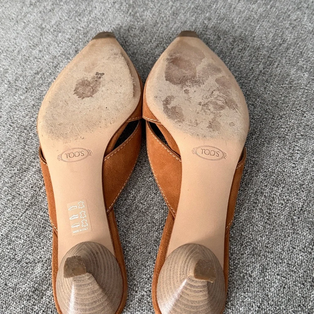 Tod's Brown Suede Mules with Gold Accents - Picture 6 of 8